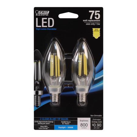 Feit Blunt Tip E12 (Candelabra) LED Bulb Daylight 75 Watt Equivalence 2 Pack