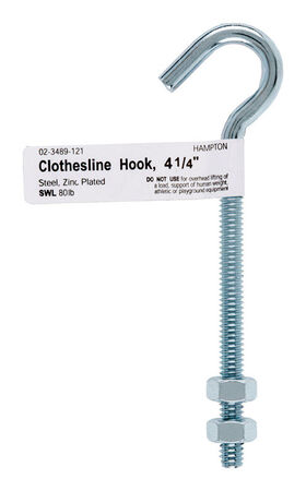 Hampton 1/4 4 in. L Zinc-Plated Steel Clothesline Bolt Hook 1 pk