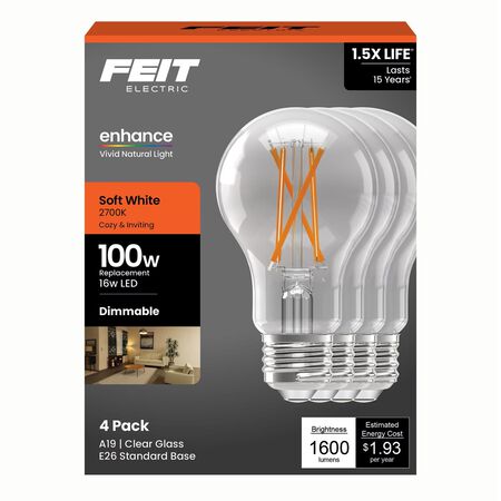 Feit A19 E26 (Medium) Filament LED Bulb Soft White 100 Watt Equivalence 4 pk