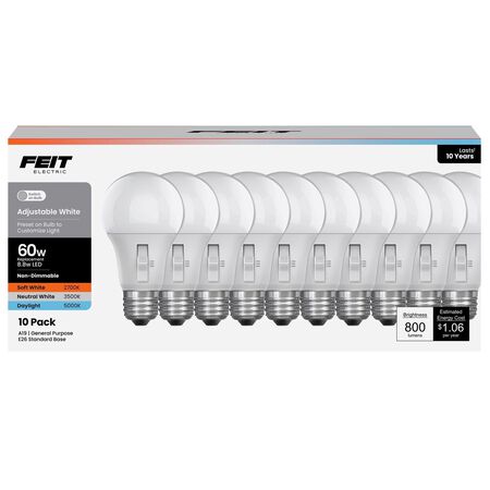Feit A19 E26 (Medium) LED Bulb Adjustable White 60 Watt Equivalence 10 Pack