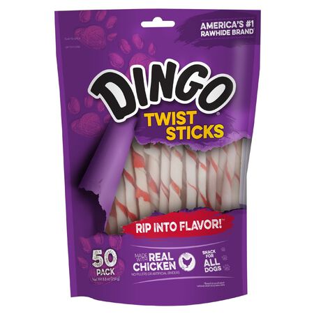 Dingo Twist Sticks All Size Dogs Adult Rawhide Twists Chicken 50 pk