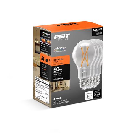 Feit Enhance A19 E26 (Medium) Filament LED Bulb Soft White 60 Watt Equivalence 4 pk