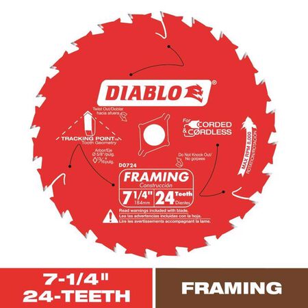 Diablo Tracking Point 7-1/4 in. D X 5/8 in. TiCo Hi-Density Carbide Framing Blade 24 teeth 1 pk