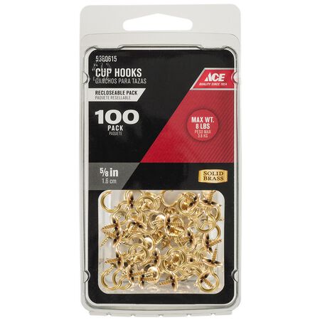 Ace Small Bright Brass Brass 5/8 in. L Cup Hook 8 lb 100 pk