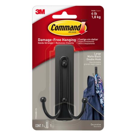 3M Command 2 in. L Matte Black Metal Large Double Hook 4 lb. cap. 1 pk