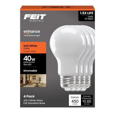 Feit Enhance A19 E26 (Medium) Filament LED Bulb Soft White 40 Watt Equivalence 4 pk