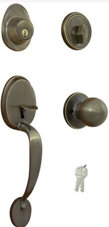 ProSource Handleset, 3 Grade, Keyed Key, Brass, Antique Brass, 2-3/8 x 2-3/4 in Backset, KW1 Keyway