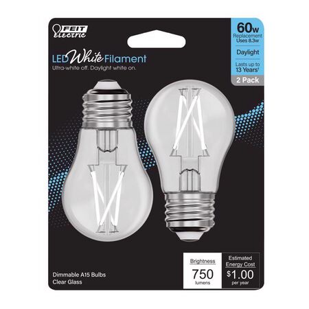 Feit White A15 E26 (Medium) Filament LED Bulb Daylight 60 Watt Equivalence 2 Pack