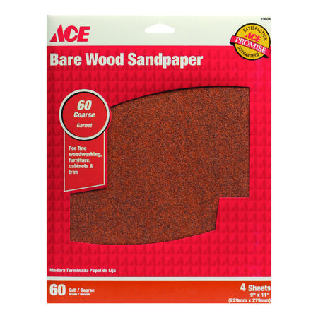 Ace 11 in. L X 9 in. W 60 Grit Aluminum Oxide Sandpaper 4 pk