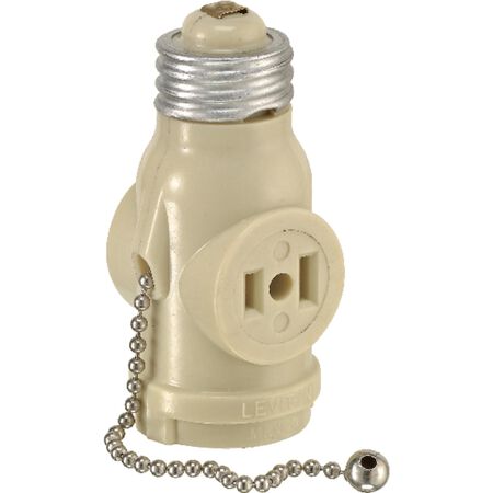 Leviton Plastic Medium Base Lampholder w/Outlet & Pull Chain 1 pk