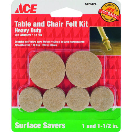 Ace Felt Self Adhesive Protective Pad Brown Round 1 and 1-1/2 in. W 12 pk