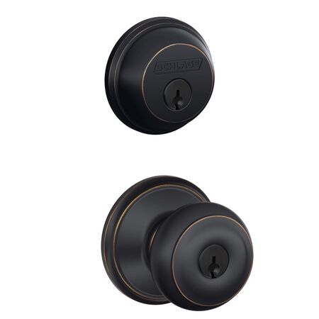 Schlage Georgian Aged Bronze Deadbolt and Entry Door Knob 1-3/4 in.