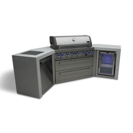 Mont Alpi 6-Burner Deluxe island with 45-degree corners and a fridge cabinet