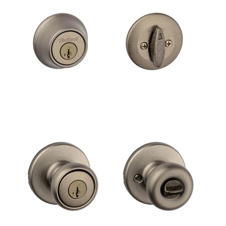 Kwikset Tylo Antique Brass Deadbolt and Passage Door Knob 1-3/4 in.