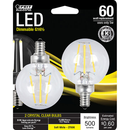 Feit Electric G16.5 E12 (Candelabra) LED Bulb Soft White 60 Watt Equivalence 2 pk