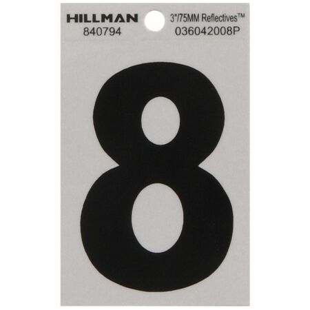 HILLMAN 3 in. Reflective Black Vinyl Self-Adhesive Number 8 1 pc