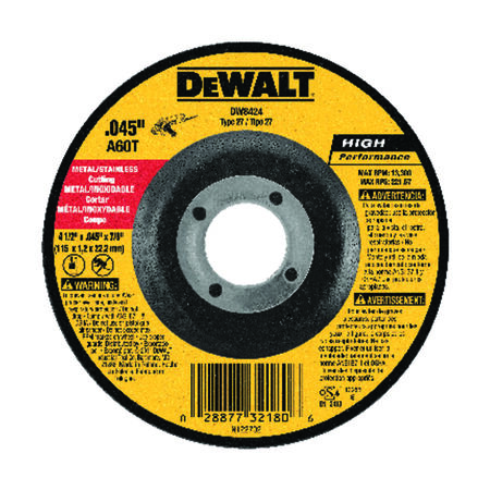 DeWalt High Performance 4-1/2 in. D X 7/8 in. S Aluminum Oxide Cut-Off Wheel 1 pc