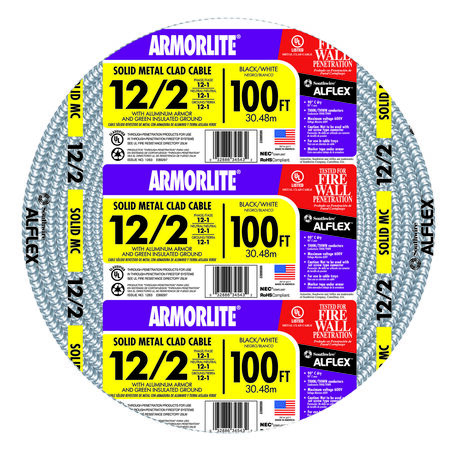 Southwire Armorlite 100 ft. 12/2 Solid Aluminum Armored MC Cable Black/White/Green/Red