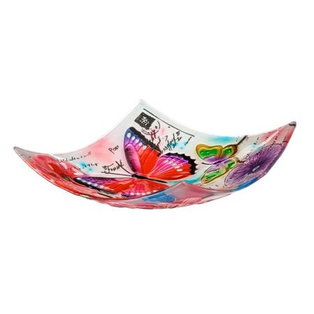 Evergreen 16.5 in. Hand Painted Embossed Square Glass Bird Bath, Butterfly Prints