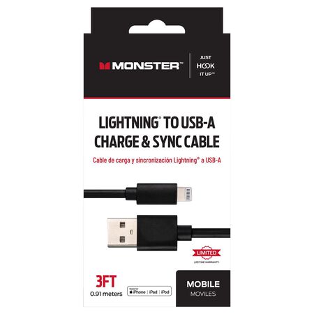 Monster Just Hook It Up Lightning to USB-A Charge and Sync Cable 3 ft. Black