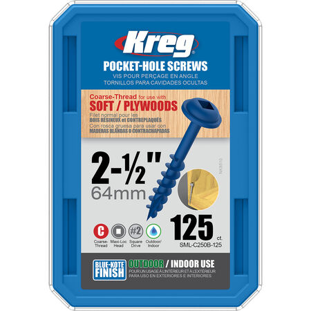 Kreg No. 8 S X 2-1/2 in. L Square Blue-Kote Pocket-Hole Screw 125 ct