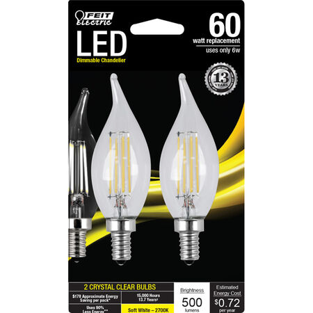 Feit Electric Flame Tip E12 (Candelabra) LED Bulb Soft White 60 Watt Equivalence 2 pk
