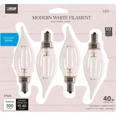 Feit Electric BA10 E12 (Candelabra) Filament LED Bulb Daylight 40 Watt Equivalence 4 pk
