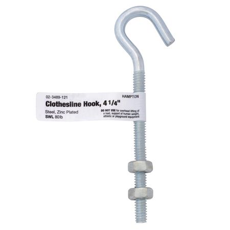 Hampton Small Zinc-Plated Silver Steel 4 in. L Clothesline Bolt Hook 80 lb 1 pk