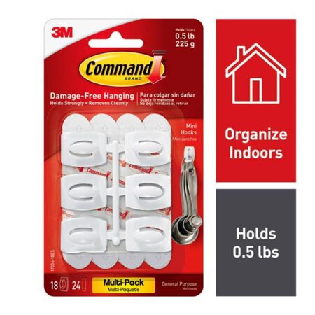 3M Command Mini Plastic Hook 1.375 in. L 18 pk
