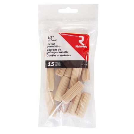 Richelieu Hardware Dowel Pin Fluted Wood 1/2 in. D X 1.5 in. L 15 Pack Natural