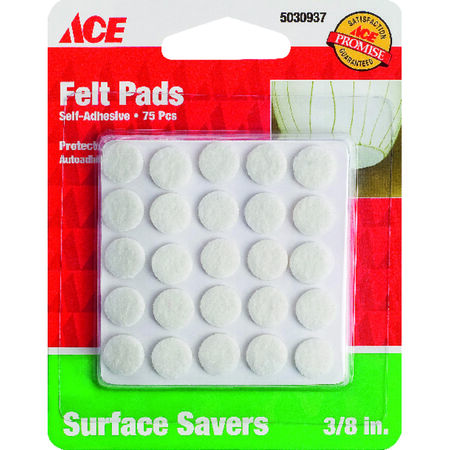 Ace Felt Self Adhesive Protective Pad White Round 3/8 in. W 75 pk