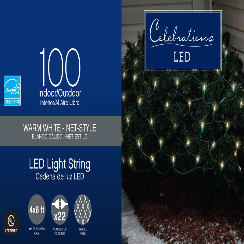 Celebrations LED Mini Clear/Warm White 100 ct Net Christmas Lights 6 ft
