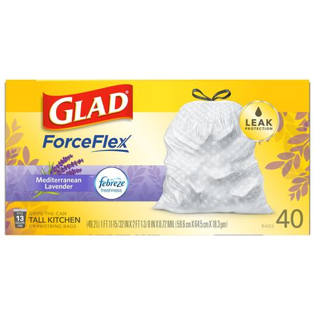 Glad ForceFlex 13 gal Lavender Scent Tall Kitchen Bags Drawstring 40 pk 0.78 mil