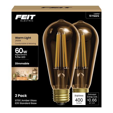 Feit ST19 E26 (Medium) Filament LED Bulb Warm Amber 60 Watt Equivalence 2 pk