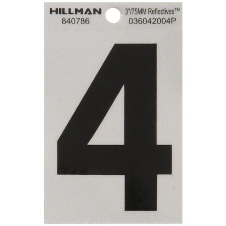 HILLMAN 3 in. Reflective Black Vinyl Self-Adhesive Number 4 1 pc