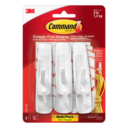 3M Command Medium Plastic Hook 3 in. L 6 pk