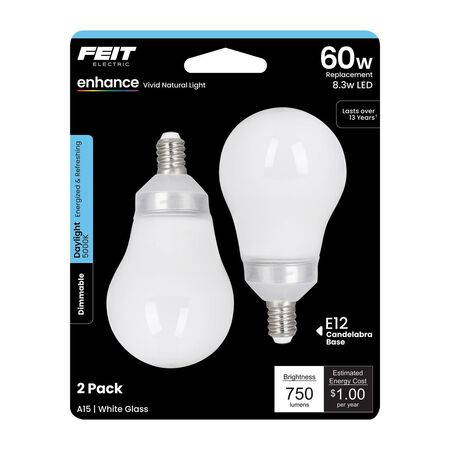 Feit Enhance A15 E12 (Candelabra) Filament LED Bulb Daylight 60 Watt Equivalence 2 pk