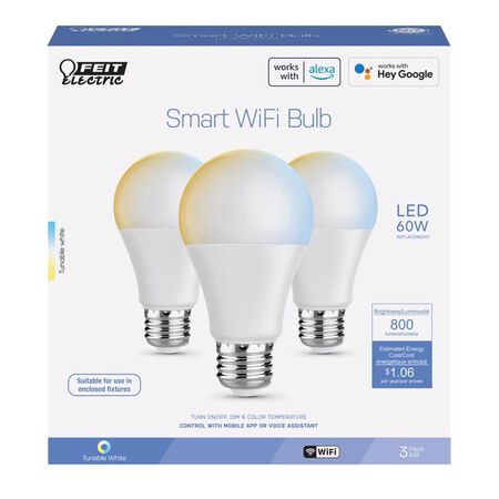 Feit A19 E26 (Medium) Smart-Enabled LED Bulb Adjustable White 60 Watt Equivalence 3 Pack