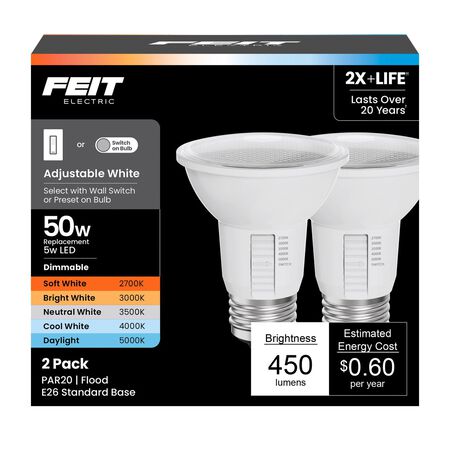 Feit PAR20 E26 (Medium) LED Floodlight Bulb Adjustable White 50 Watt Equivalence 2 pk