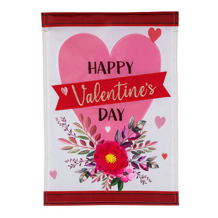 Happy Valentine's Day Heart and Floral Applique Garden Flag
