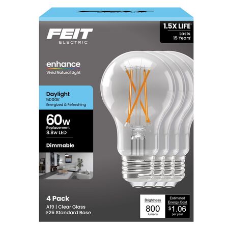 Feit Enhance A19 E26 (Medium) Filament LED Bulb Daylight 60 Watt Equivalence 4 pk