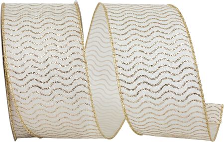Reliant Ribbon Glitter Waves Printed Wired Edge Ribbon, Ivory/Gold