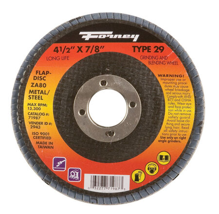 Forney 4-1/2 in. D X 7/8 in. S Zirconia Aluminum Oxide Flap Disc 80 Grit 1 pc