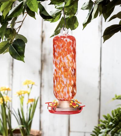 Evergreen Art Glass Hanging Hummingbird Feeder, Red & White