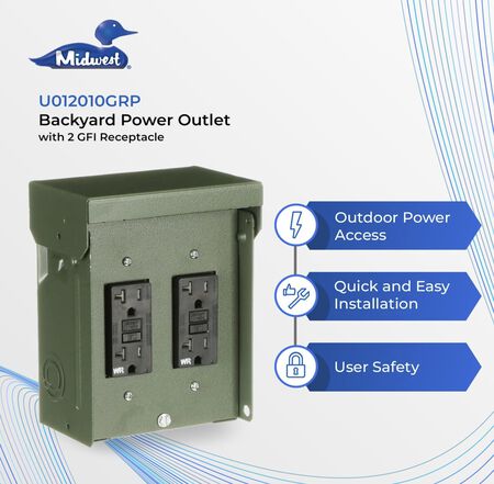 MIDWEST U012010GRP 2GFI Backyard Power Outlet • 2-20 Amp Backyard Outlet with GFCI Receptacles • Green Outdoor Metal Enclosure with two 20A Duplex GFI receptacles • Sold factory assembled