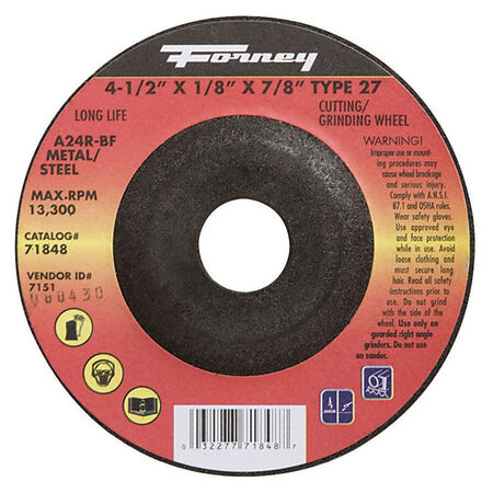Forney 4-1/2 in. D X 1/8 in. thick T X 7/8 in. in. S Metal Grinding Wheel 1 pc