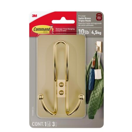 3M Satin Brass Plastic Triple Hook 1 pk