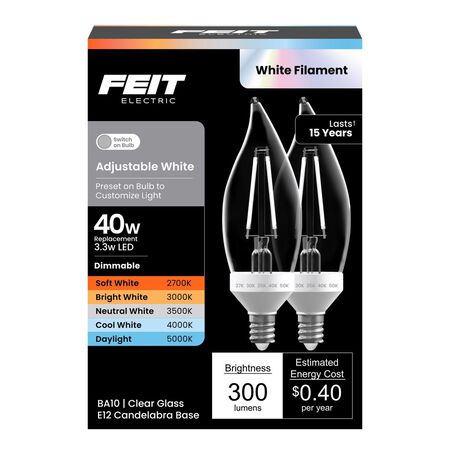 Feit BA10 E12 (Candelabra) LED Bulb Adjustable White 40 Watt Equivalence 2 Pack