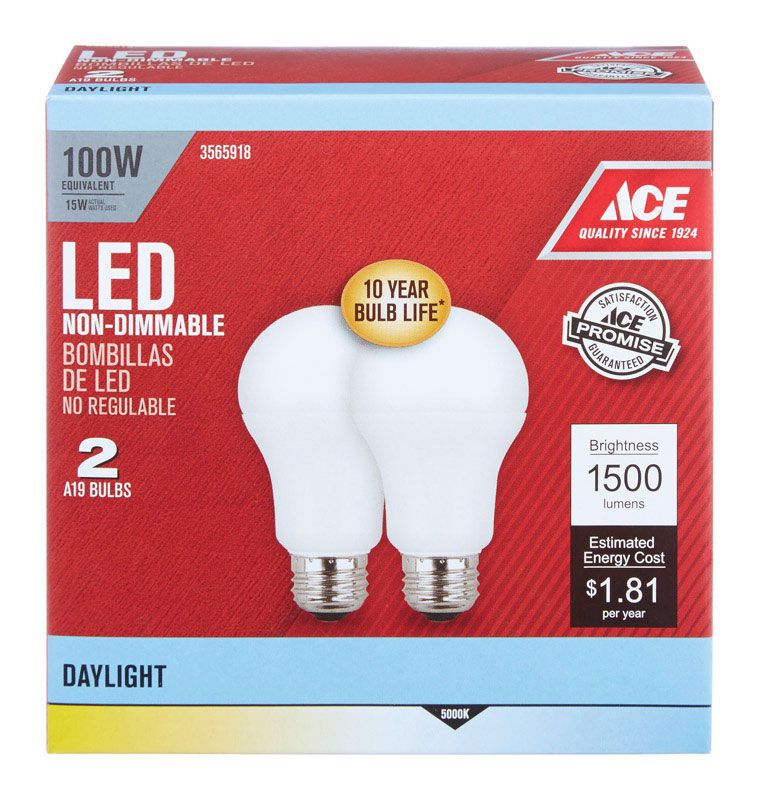 Ace LED Bulb 15 watts 1500 lumens 5000 K ALine A19 2 pk 100 watts