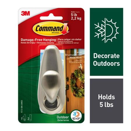 3M Command 1.62 in. L Brushed Nickel Metal Large Hook 5 lb. cap. 1 pk